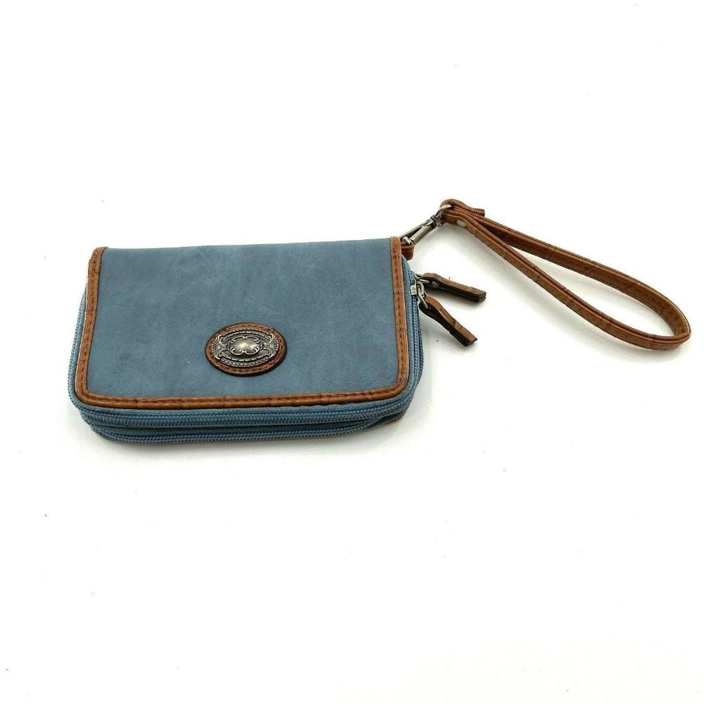 Blue Leather Wallet Card Organizer Wrist With Metal Floral Buckle